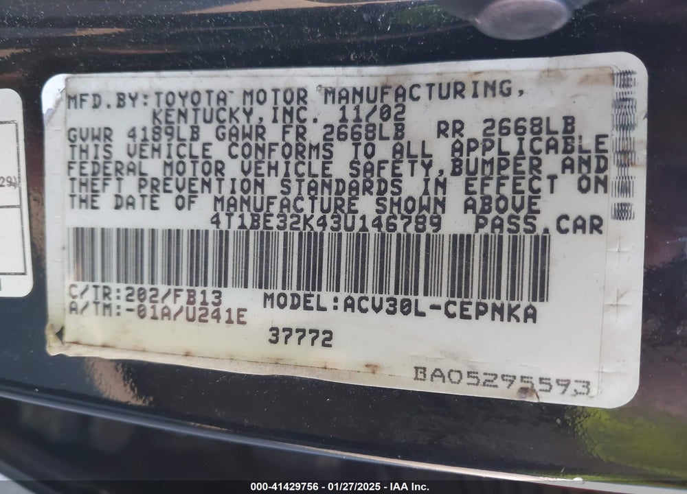 2003 TOYOTA CAMRY LE VIN: 4T1BE32K43U146789