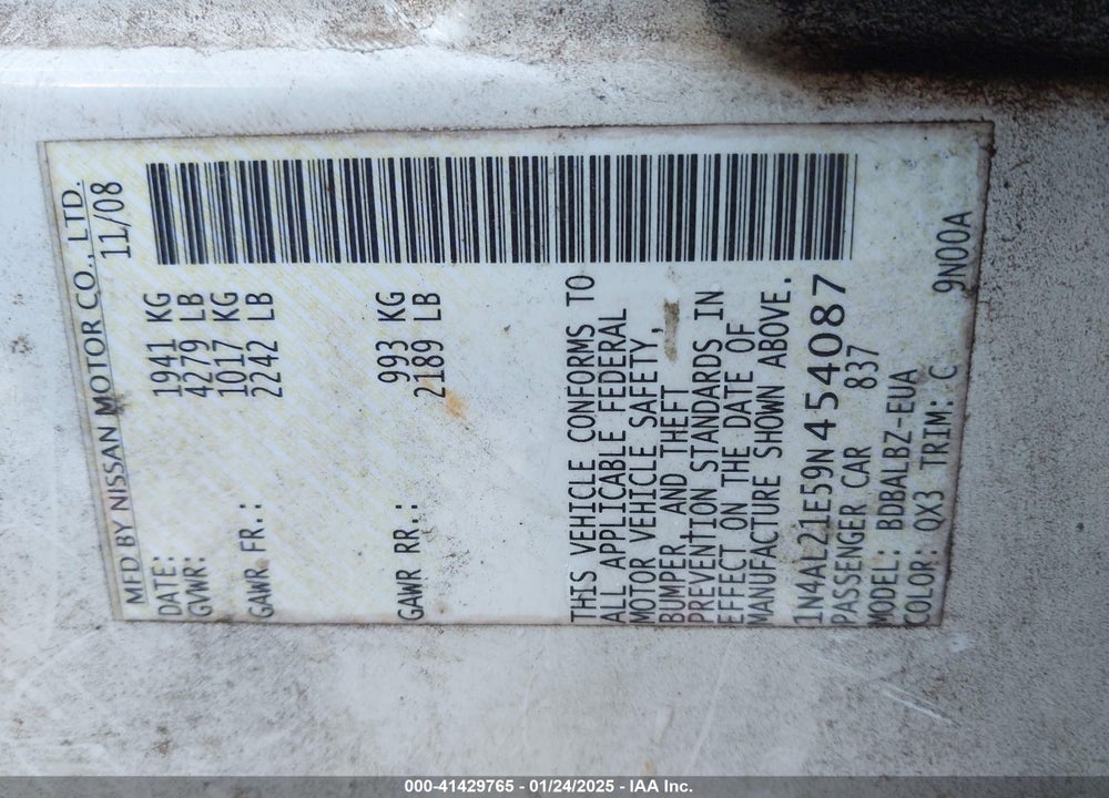 2009 NISSAN ALTIMA 2.5 S VIN: 1N4AL21E59N454087