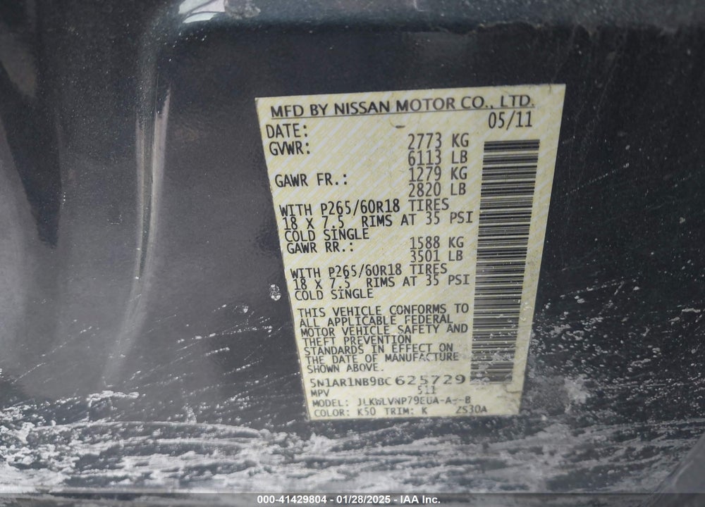 2011 NISSAN PATHFINDER LE VIN: 5N1AR1NB9BC625729