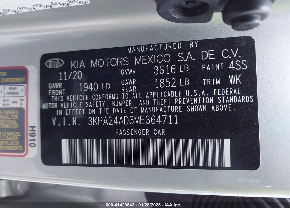 2021 KIA RIO VIN: 3KPA24AD3ME364711