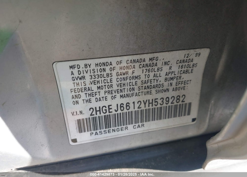 2000 HONDA CIVIC VALUE PACKAGE VIN: 2HGEJ6612YH539282