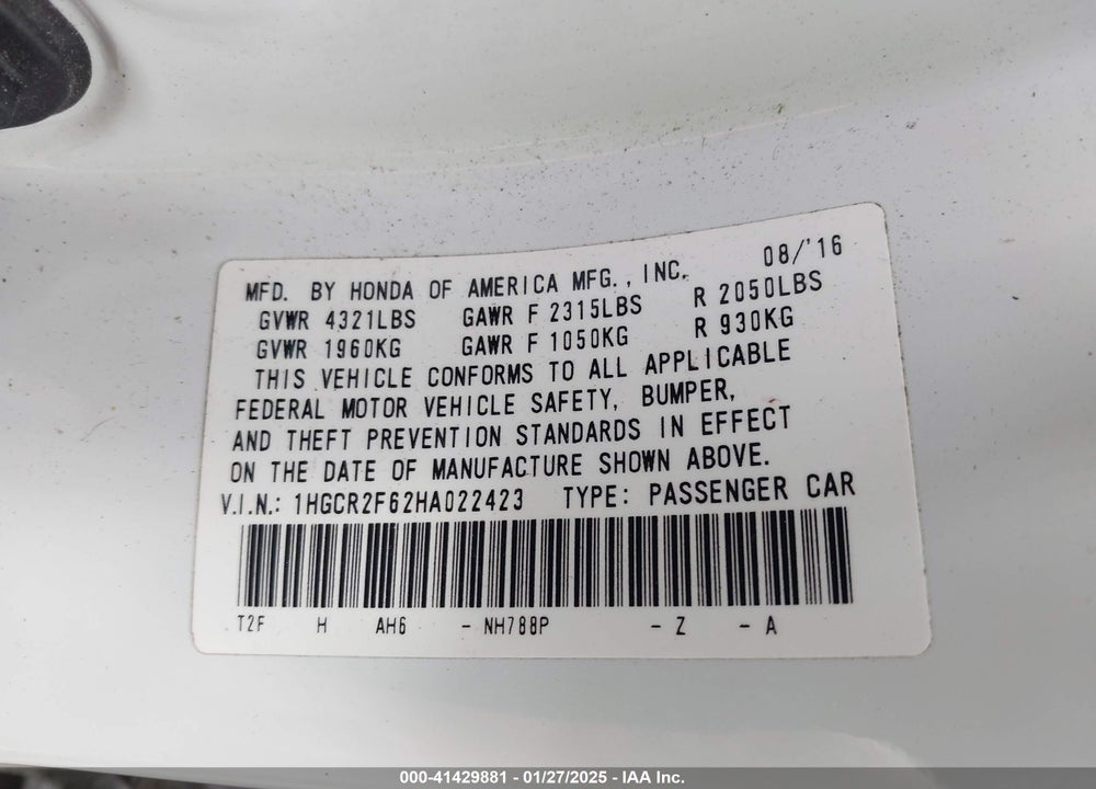 2017 HONDA ACCORD VIN: 1HGCR2F62HA022423