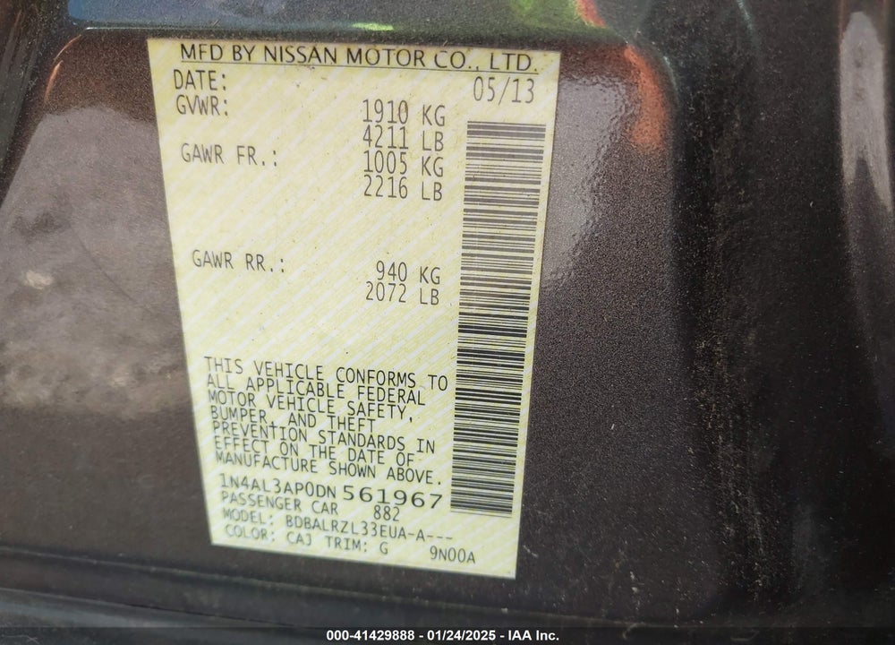 2013 NISSAN ALTIMA VIN: 1N4AL3AP0DN561967