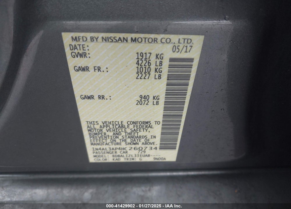 2017 NISSAN ALTIMA VIN: 1N4AL3AP4HC260734