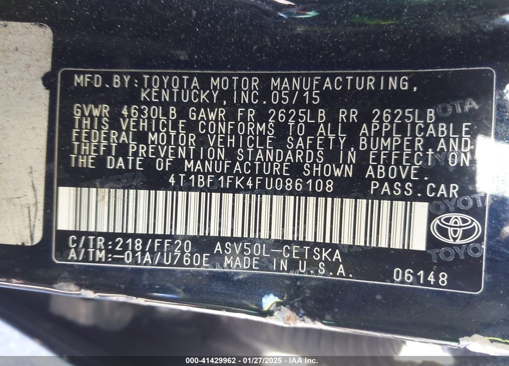 2015 TOYOTA CAMRY VIN: 4T1BF1FK4FU086108