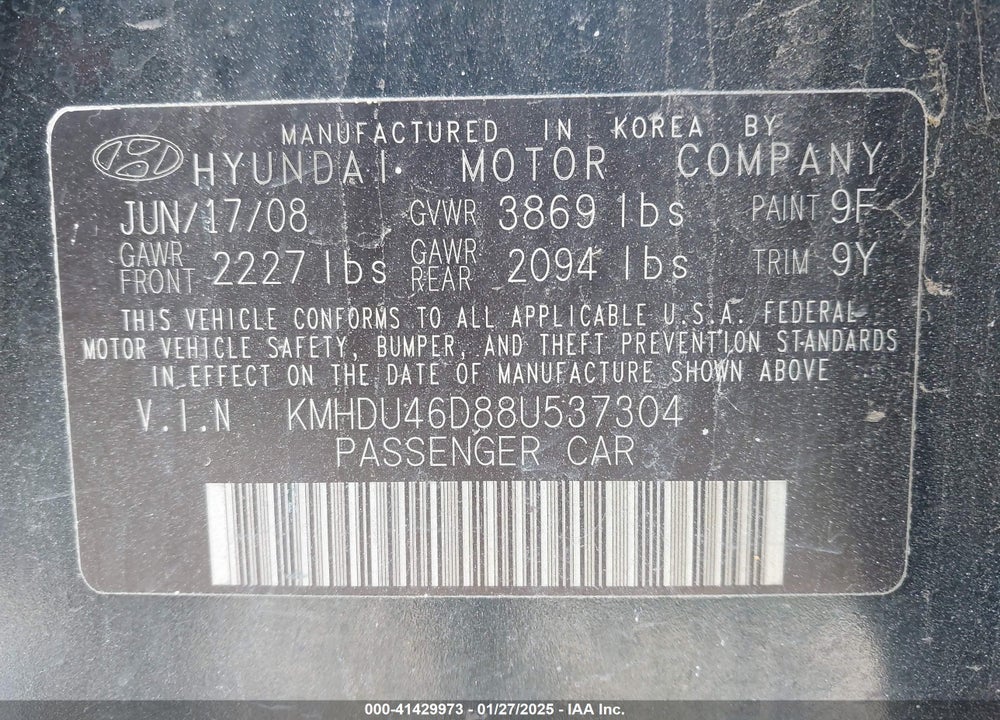 2008 HYUNDAI ELANTRA GLS/SE VIN: KMHDU46D88U537304
