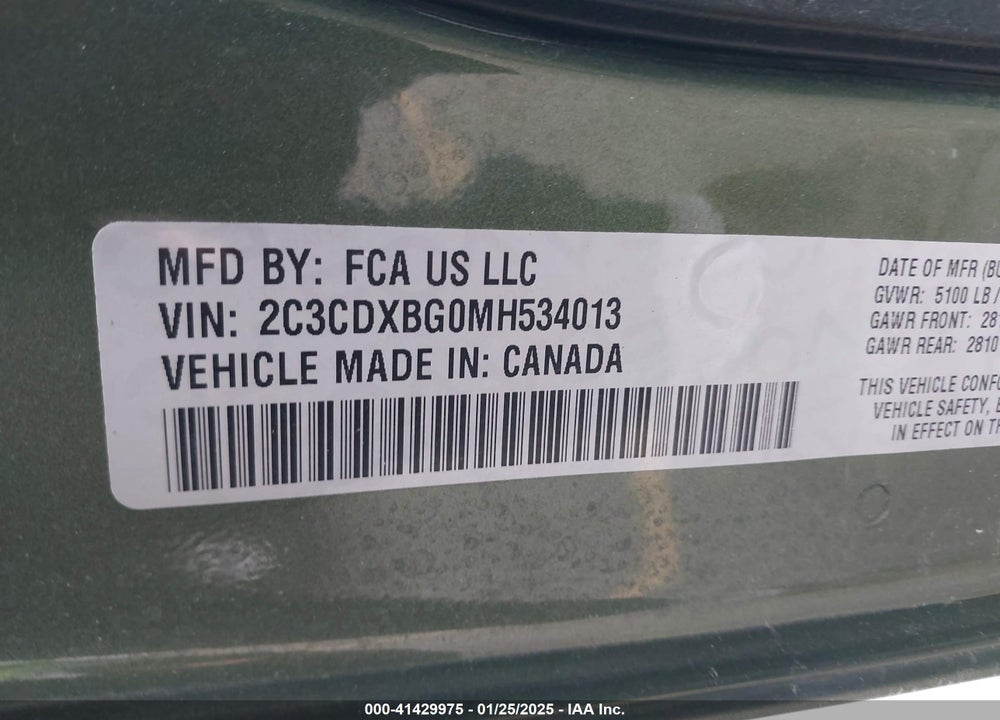 2021 DODGE CHARGER VIN: 2C3CDXBG0MH534013