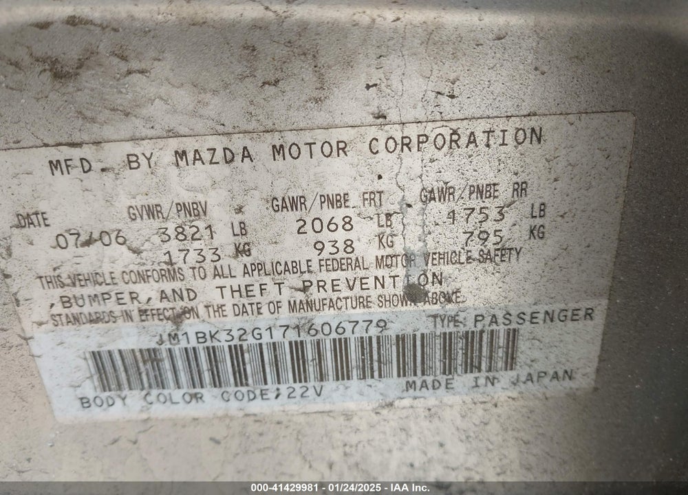 2007 MAZDA MAZDA3 VIN: JM1BK32G171606779