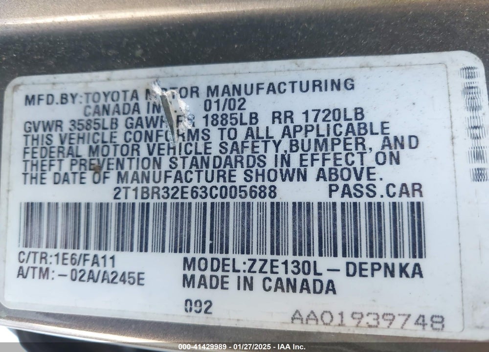 2003 TOYOTA COROLLA LE VIN: 2T1BR32E63C005688