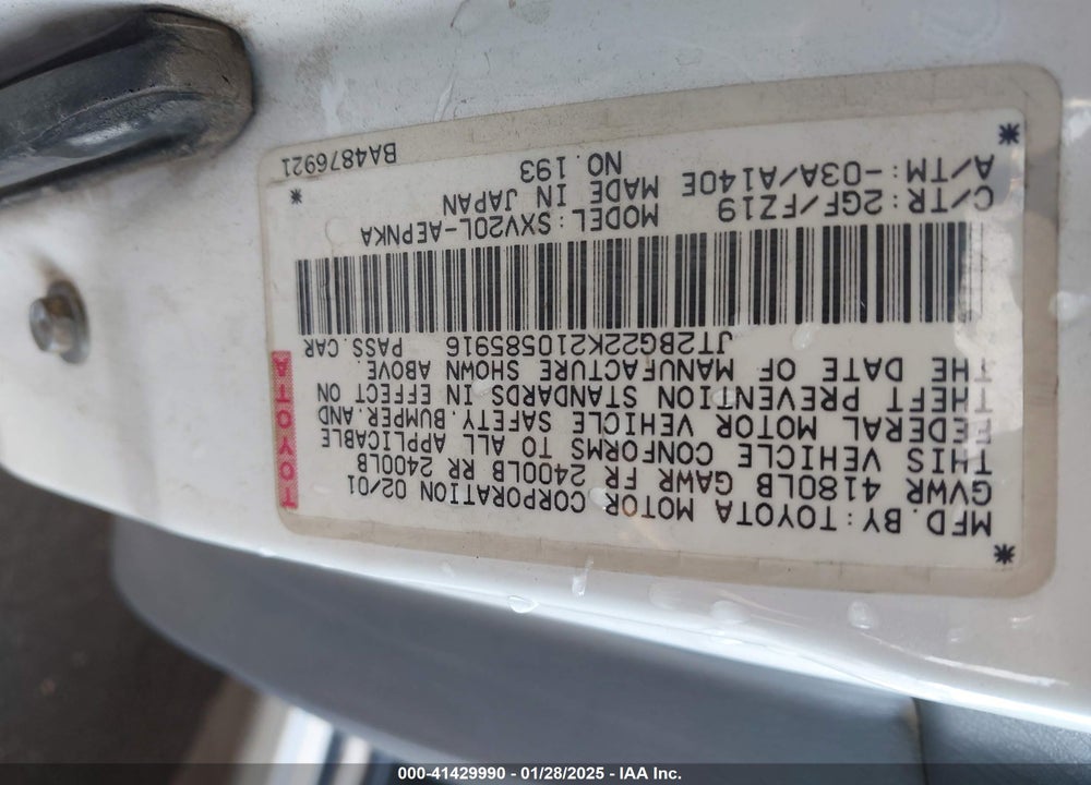 2001 TOYOTA CAMRY LE VIN: JT2BG22K210585916