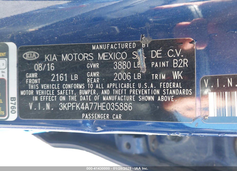 2017 KIA FORTE VIN: 3KPFK4A77HE035886