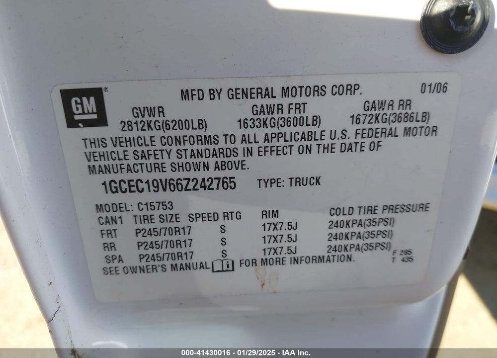 2006 CHEVROLET SILVERADO 1500 VIN: 1GCEC19V66Z242765