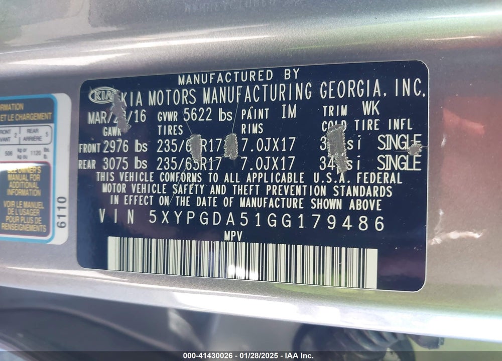 2016 KIA SORENTO 3.3L LX VIN: 5XYPGDA51GG179486