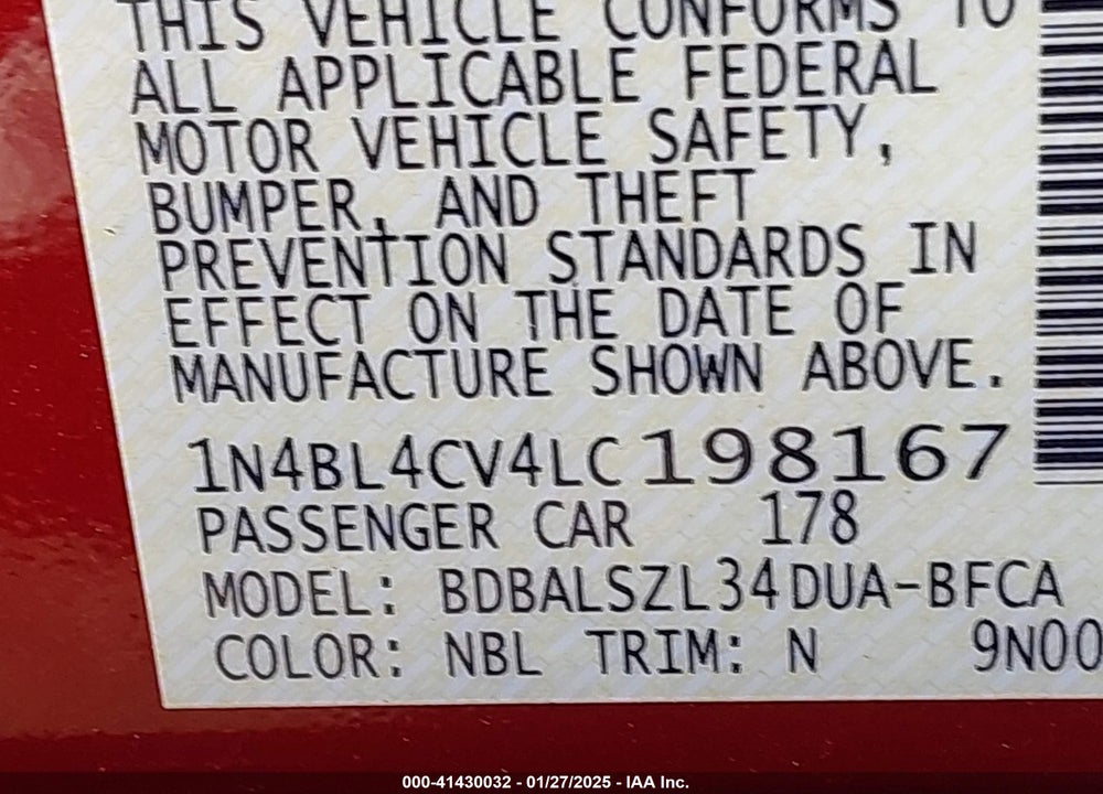 2020 NISSAN ALTIMA VIN: 1N4BL4CV4LC198167