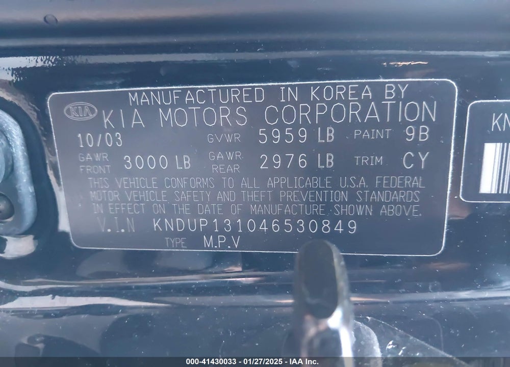 2004 KIA SEDONA EX/LX VIN: KNDUP131046530849