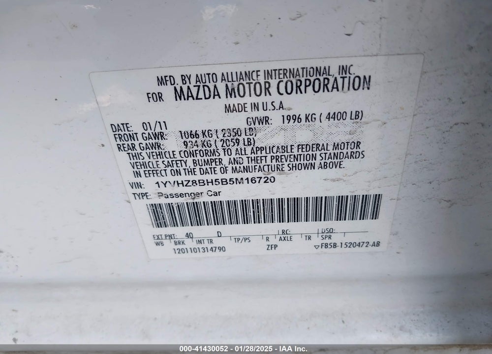 2011 MAZDA 6 I SPORT VIN: 1YVHZ8BH5B5M16720