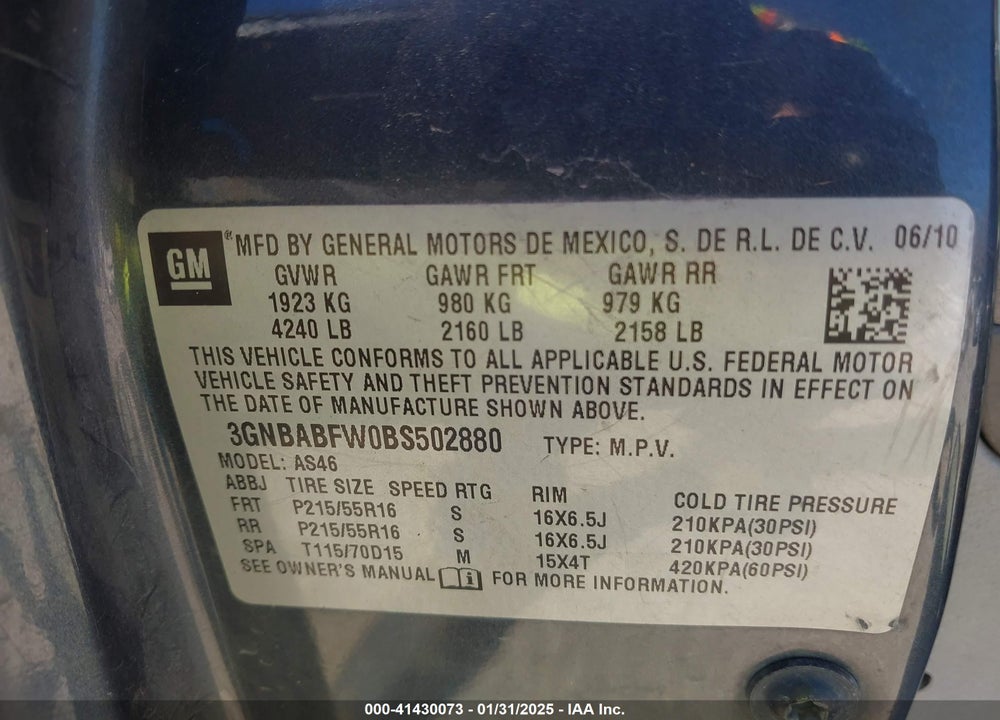 2011 CHEVROLET HHR LT VIN: 3GNBABFW0BS502880