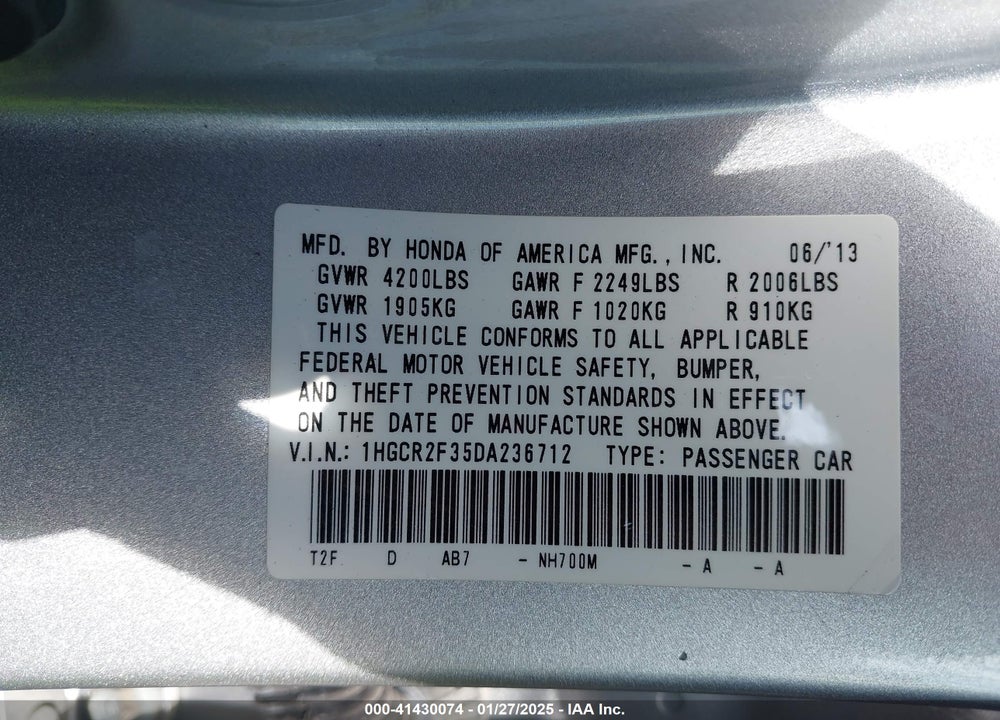 2013 HONDA ACCORD VIN: 1HGCR2F35DA236712