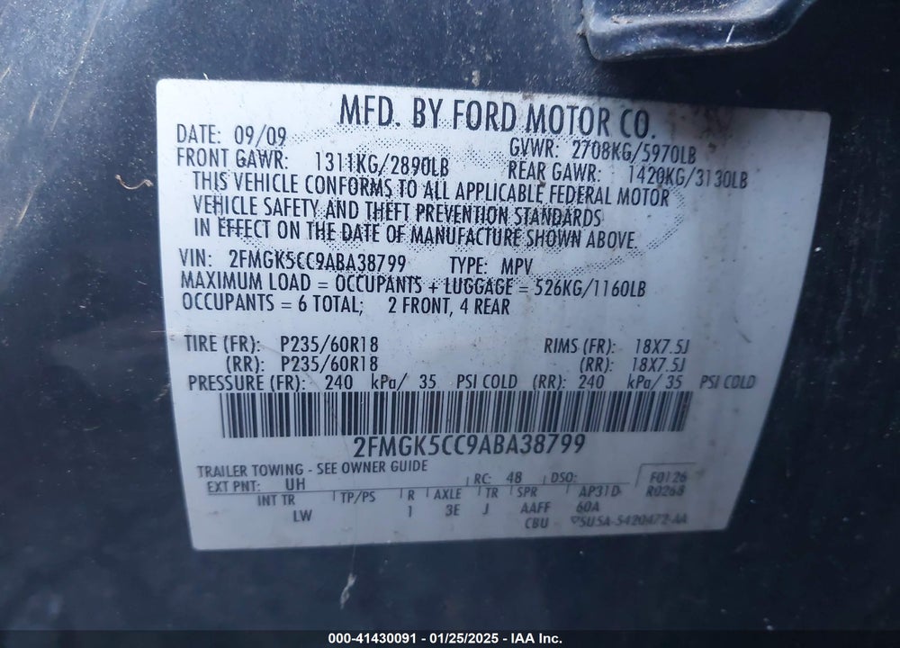 2010 FORD FLEX SEL VIN: 2FMGK5CC9ABA38799