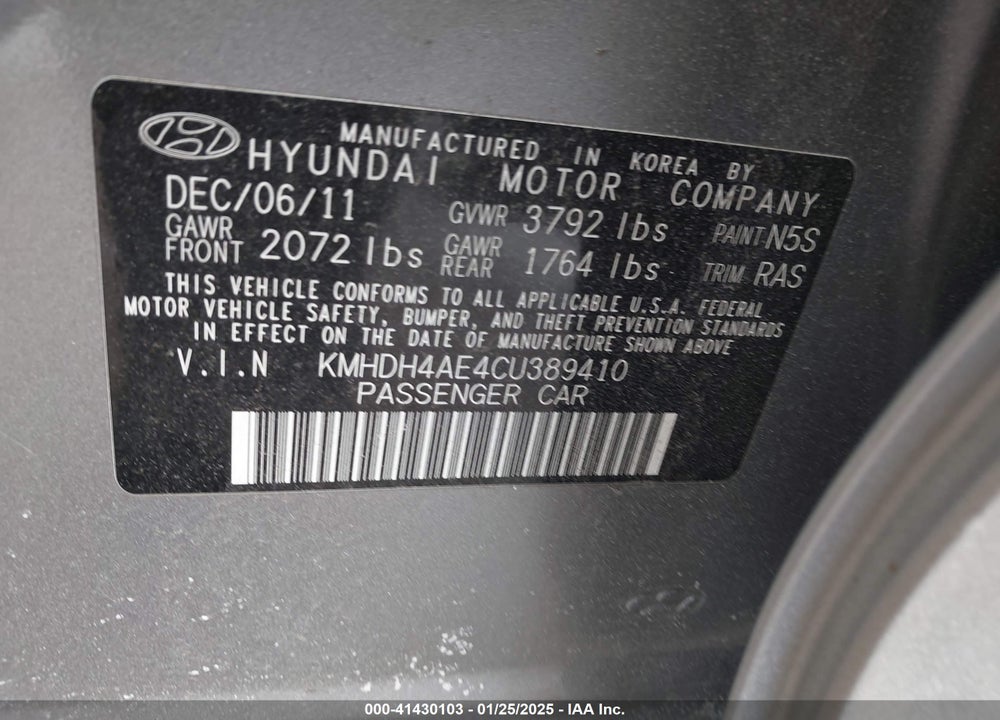 2012 HYUNDAI ELANTRA GLS (ULSAN PLANT) VIN: KMHDH4AE4CU389410