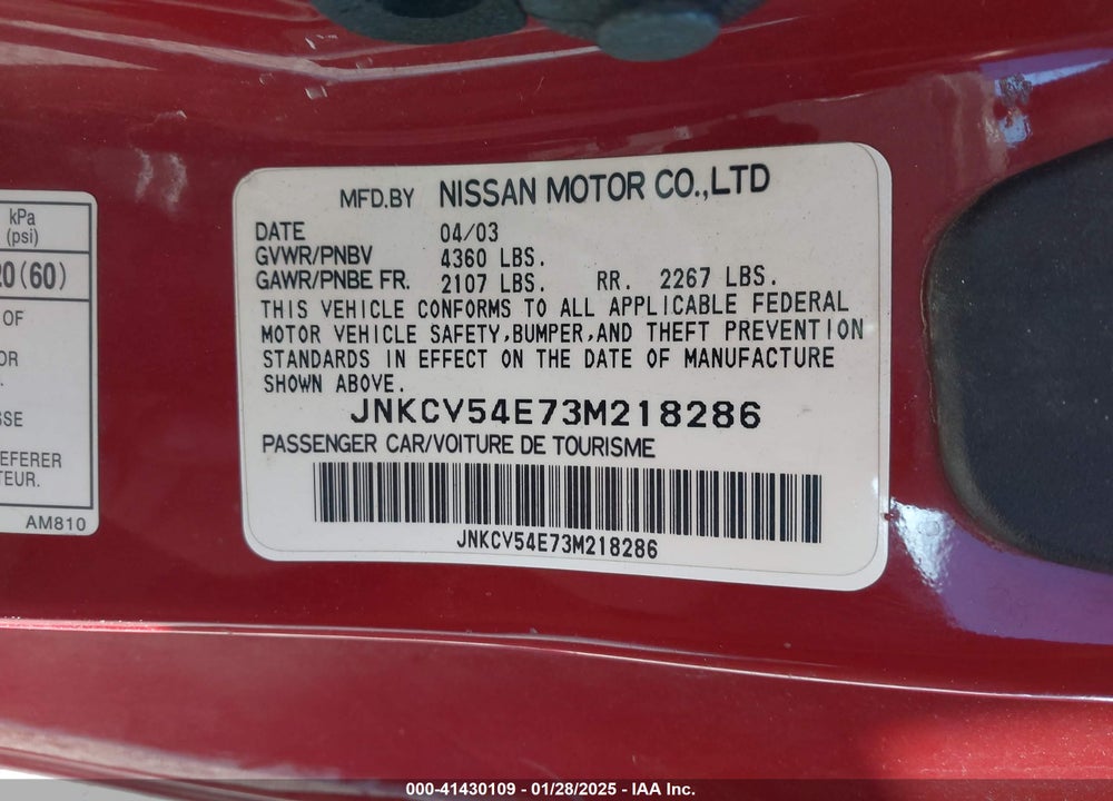 2003 INFINITI G35 BASE W/LEATHER VIN: JNKCV54E73M218286