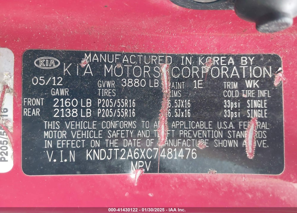 2012 KIA SOUL VIN: KNDJT2A6XC7481476