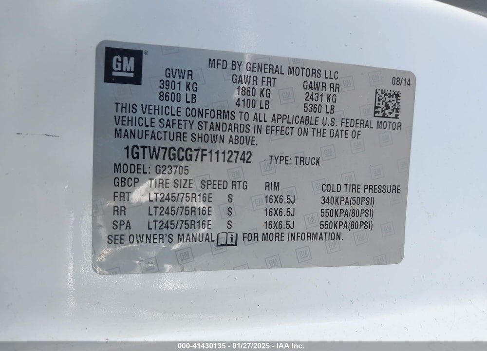 2015 GMC SAVANA 2500 WORK VAN VIN: 1GTW7GCG7F1112742