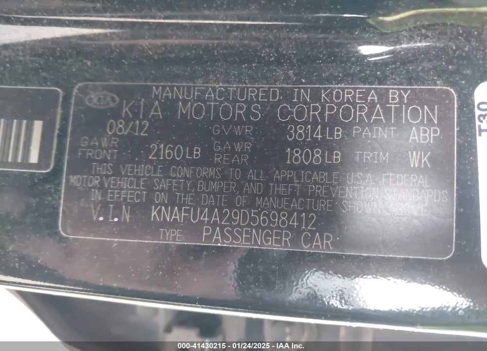 2013 KIA FORTE VIN: KNAFU4A29D5698412