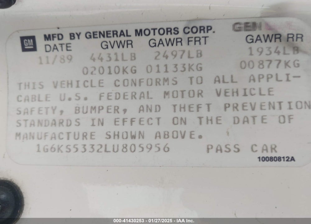 1990 CADILLAC SEVILLE VIN: 1G6KS5332LU805956