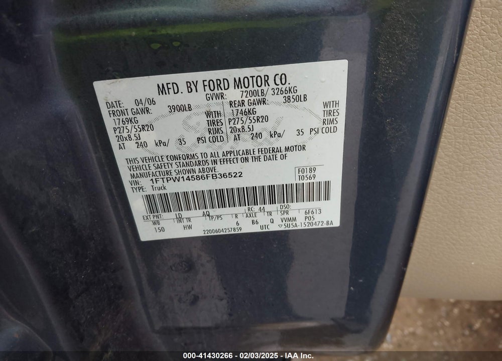 2006 FORD F150 VIN: 1FTPW14586FB36522