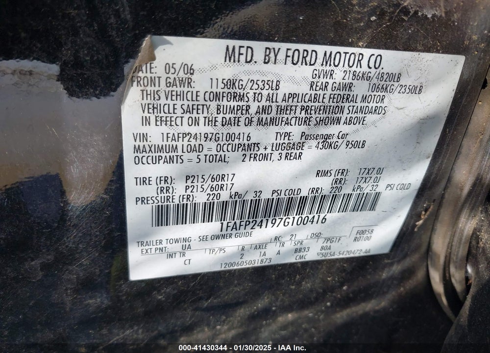 2007 FORD FIVE HUNDRED SEL VIN: 1FAFP24197G100416