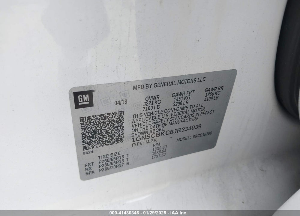2018 CHEVROLET TAHOE LT VIN: 1GNSCBKC8JR334039