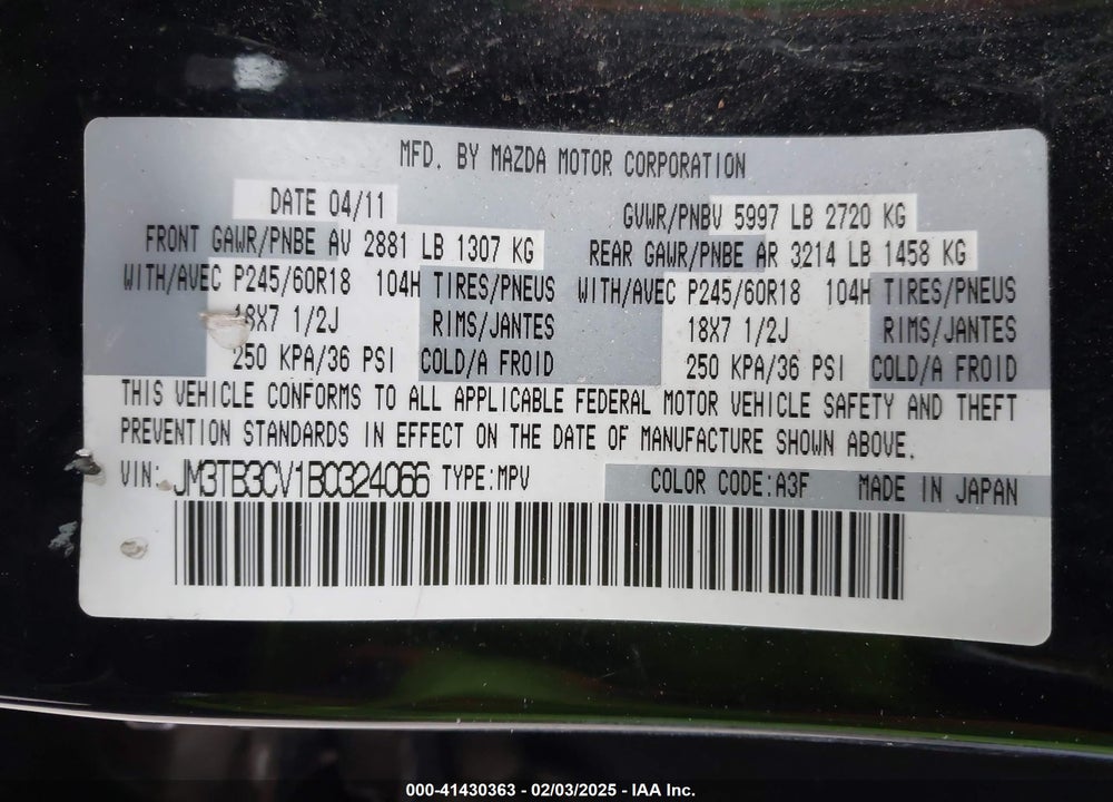 2011 MAZDA CX-9 TOURING VIN: JM3TB3CV1B0324066