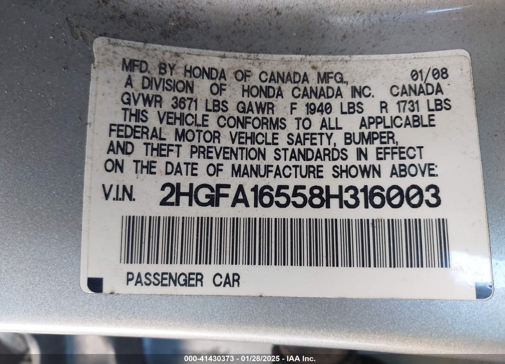 2008 HONDA CIVIC LX VIN: 2HGFA16558H316003
