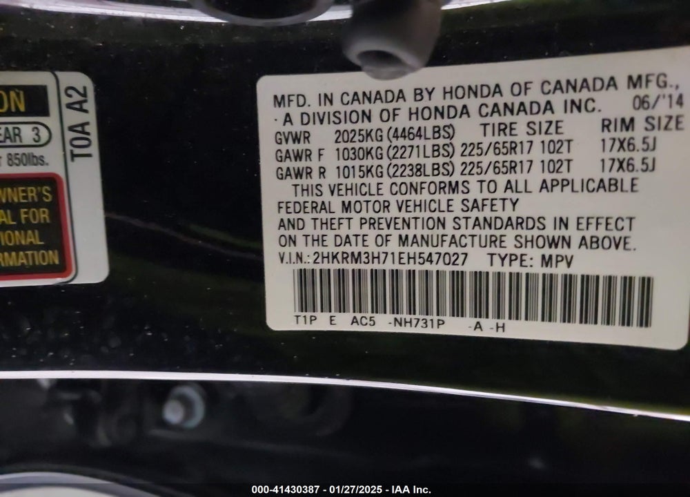 2014 HONDA CR-V VIN: 2HKRM3H71EH547027