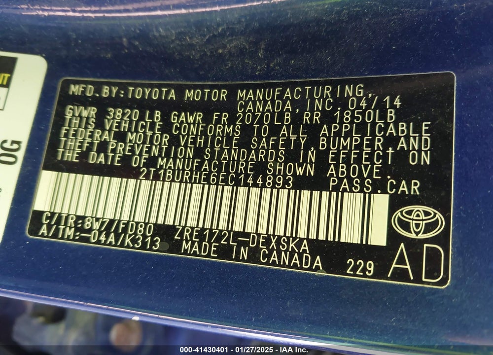 2014 TOYOTA COROLLA S VIN: 2T1BURHE6EC144893