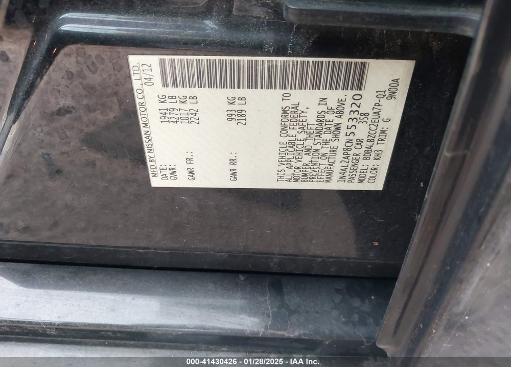 2012 NISSAN ALTIMA VIN: 1N4AL2AP8CN553320