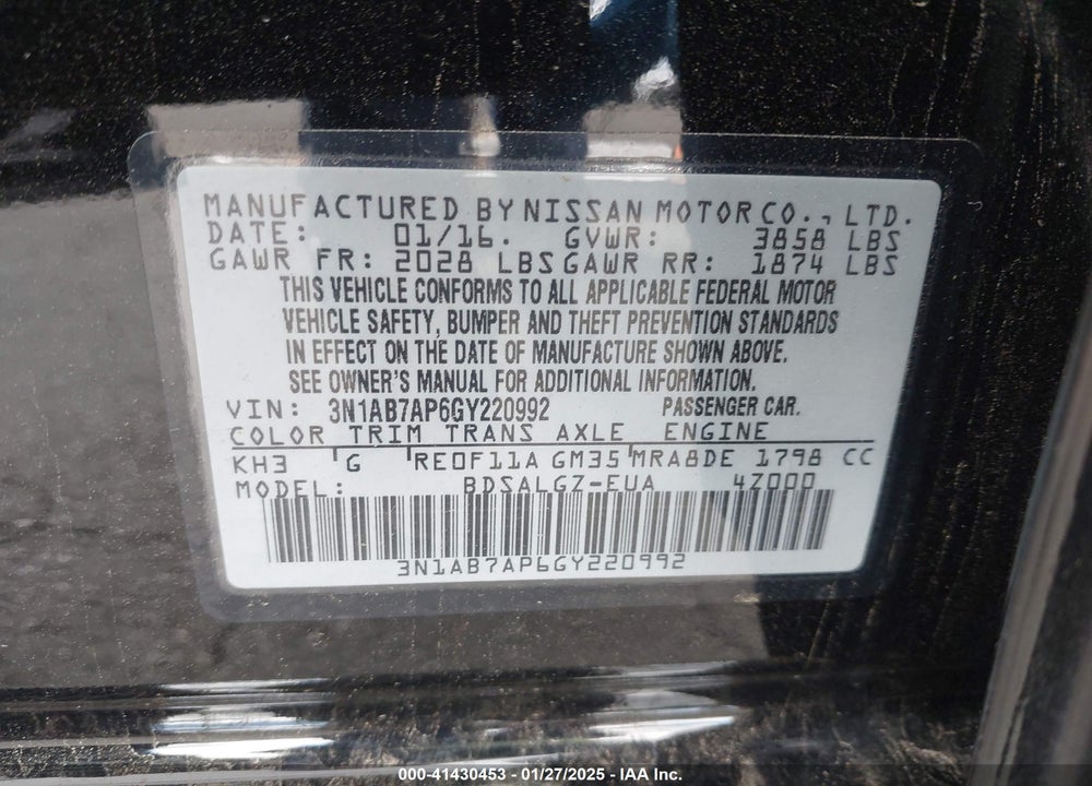 2016 NISSAN SENTRA SL VIN: 3N1AB7AP6GY220992