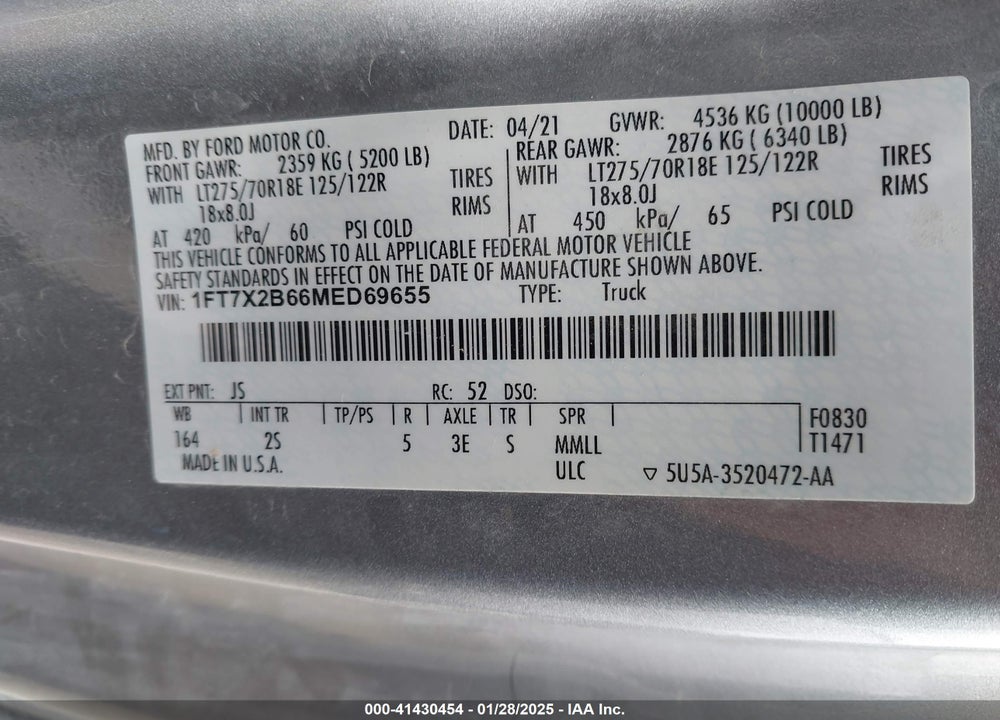 2021 FORD F-250 XLT VIN: 1FT7X2B66MED69655