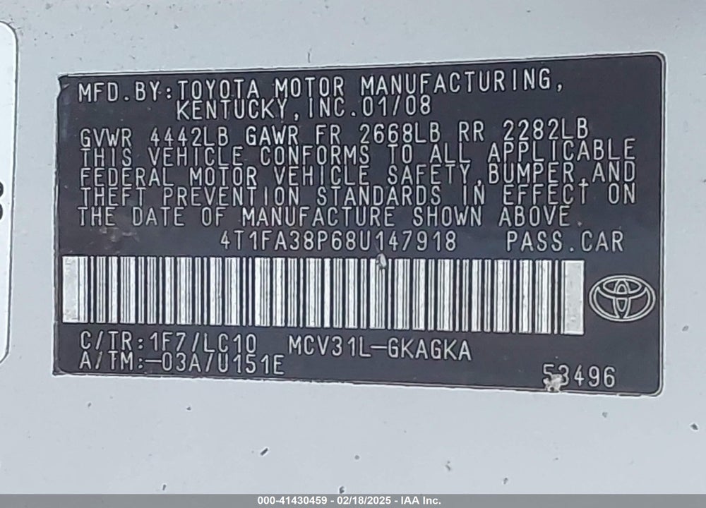 2008 TOYO CAMRY SOLARA SLE AUT VIN: 4T1FA38P68U147918