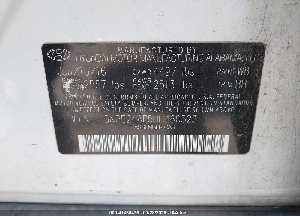 2017 HYUNDAI SONATA VIN: 5NPE24AF5HH460523