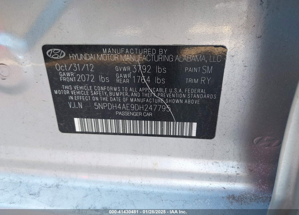 2013 HYUNDAI ELANTRA VIN: 5NPDH4AE9DH247795
