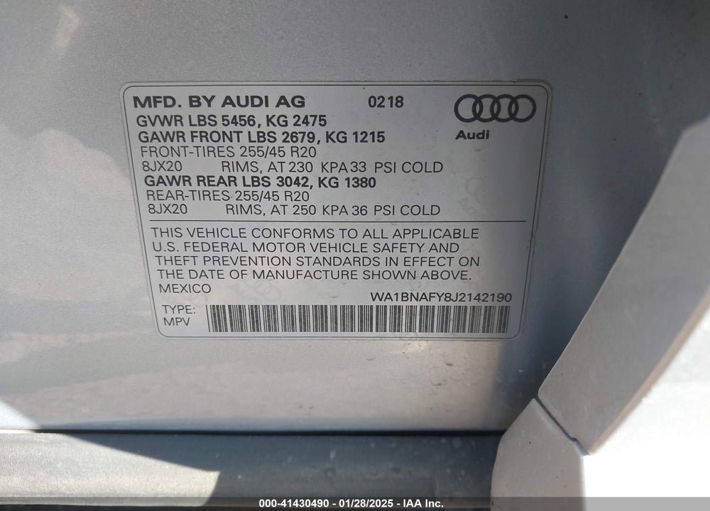 2018 AUDI Q5 2.0T PREMIUM/2.0T TECH PREMIUM VIN: WA1BNAFY8J2142190