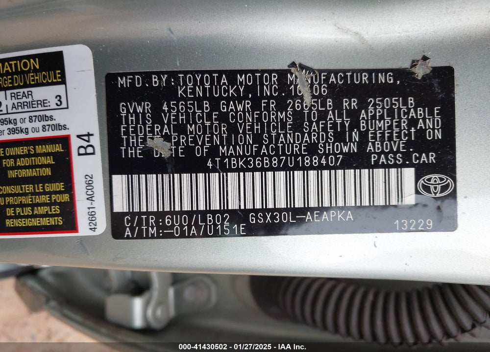 2007 TOYOTA AVALON VIN: 4T1BK36B87U188407