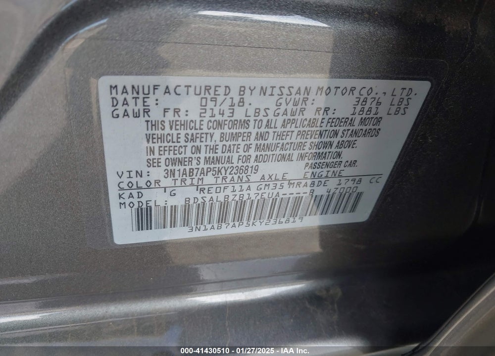 2019 NISSAN SENTRA VIN: 3N1AB7AP5KY236819