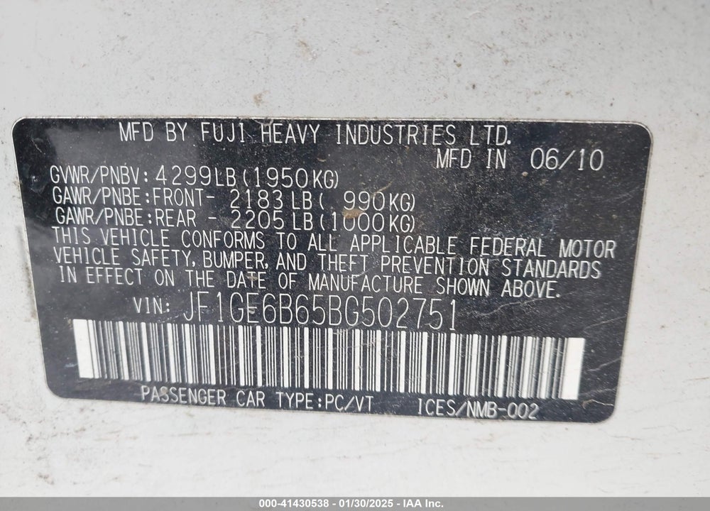 2011 SUBARU IMPREZA 2.5I PREMIUM VIN: JF1GE6B65BG502751