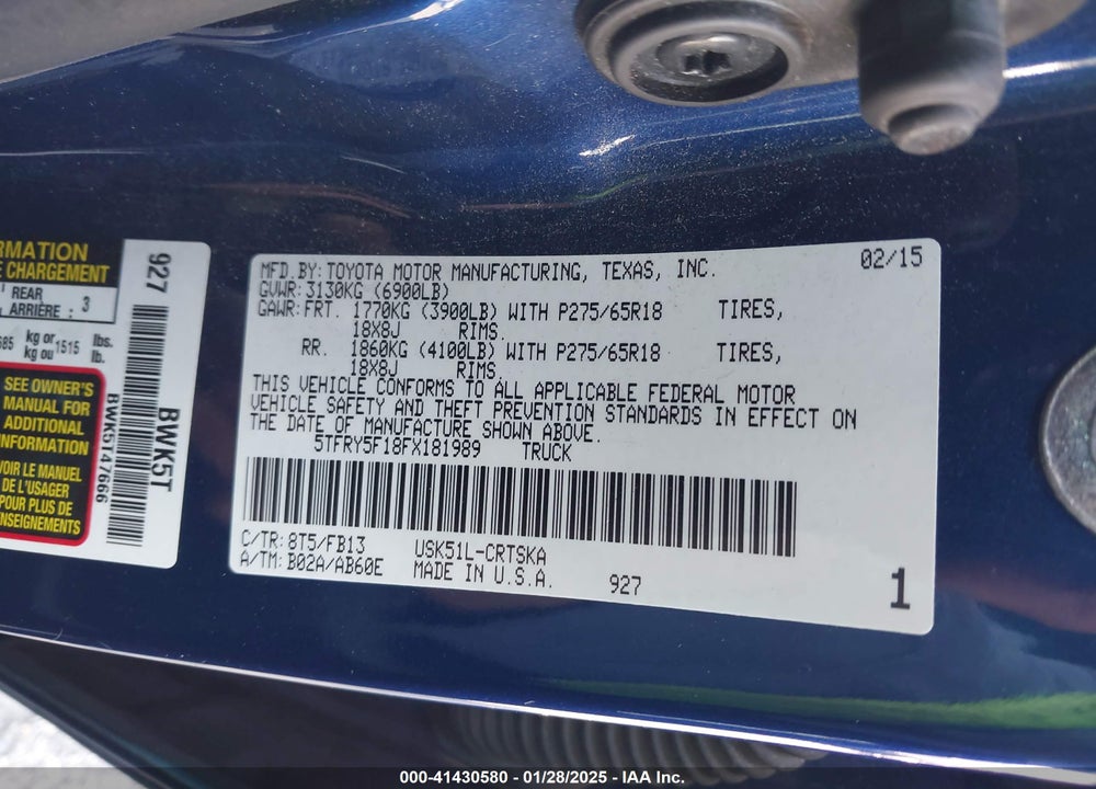 2015 TOYOTA TUNDRA VIN: 5TFRY5F18FX181989