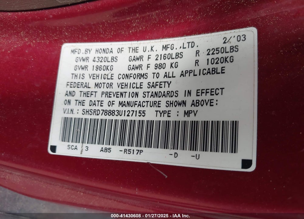 2003 HONDA CR-V EX VIN: SHSRD78883U127155