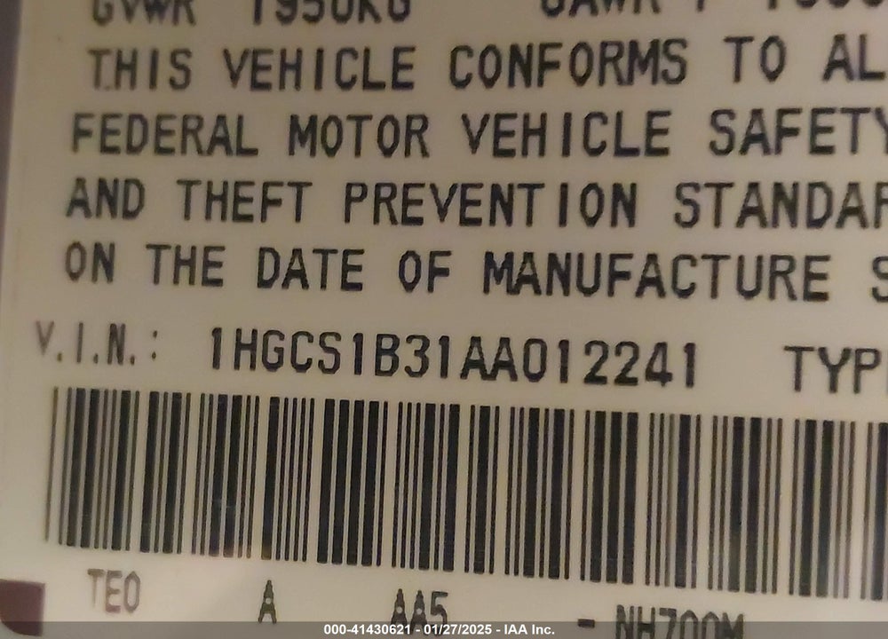 2010 HONDA ACCORD VIN: 1HGCS1B31AA012241