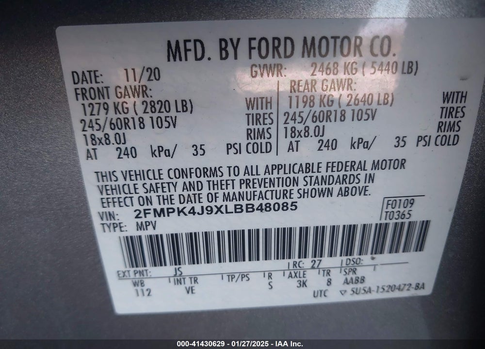 2020 FORD EDGE SEL VIN: 2FMPK4J9XLBB48085